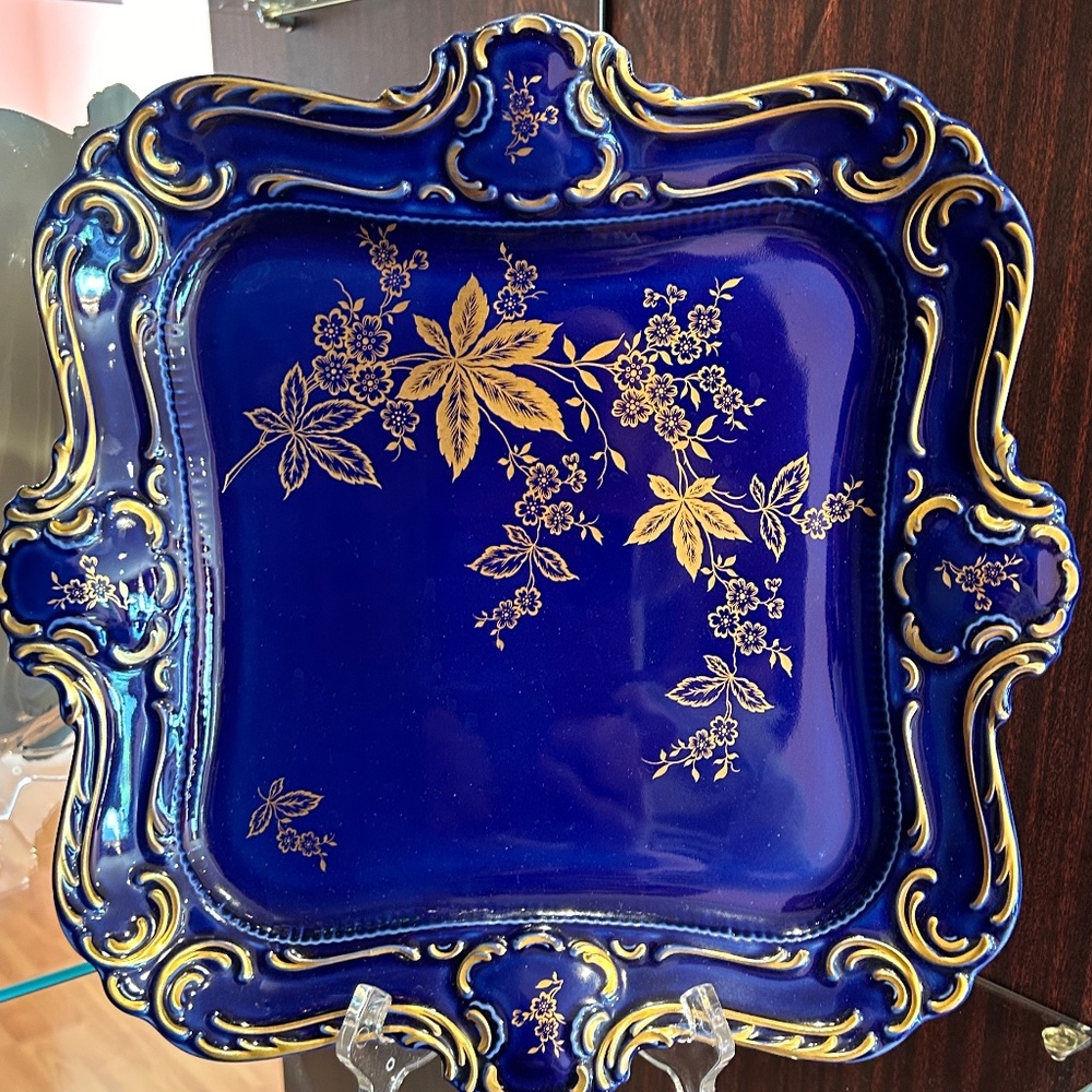 Lindner Cobalt and Gold Large Square Porcelain Platter